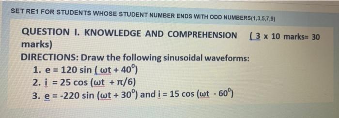 Set Re1 For Students Whose Student Number Ends With Odd Numbers 1 3 5 7 9 Question 1 Knowledge And Comprehension 3 X 1