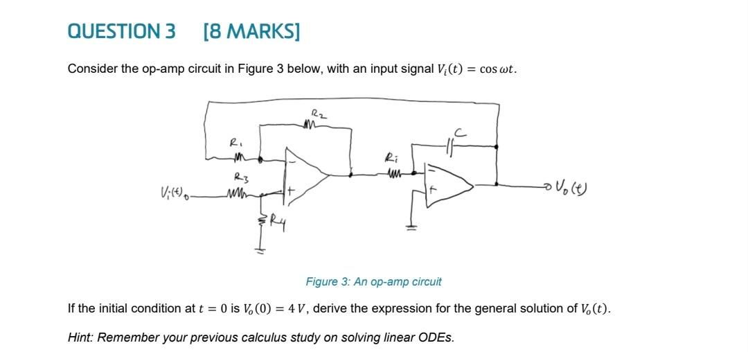 Question 3 8 Marks Consider The Op Amp Circuit In Figure 3 Below With An Input Signal Vi T Cos Wt R2 In Ri M Ri U 1