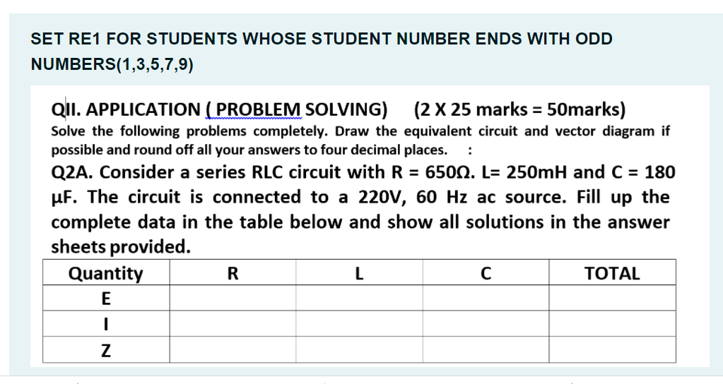 Set Re1 For Students Whose Student Number Ends With Odd Numbers 1 3 5 7 9 Qii Application Problem Solving 2 X 25 1