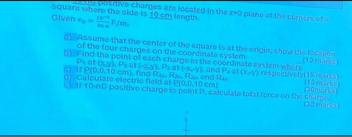 Positivo Charges Are Located In The Z 0 Plane At The Corners Of A Square Where The Side Is 10 Cm Length Given Co F M T 1