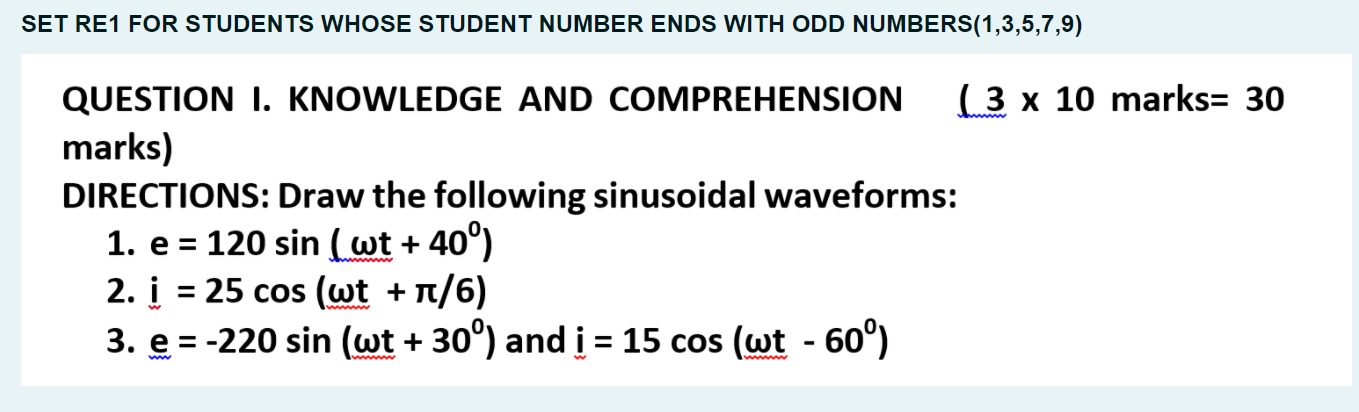 Set Re1 For Students Whose Student Number Ends With Odd Numbers 1 3 5 7 9 Question I Knowledge And Comprehension 3 X 1