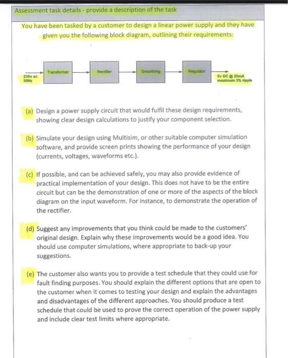 Assessment Task Details Provide A Description Of The Task You Have Been Tasked By A Customer To Design A Linear Power 1