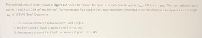 The Inclined Venturi Meter Shown In Figure 02 Is Used To Measure The Speed Of A Water Specific Gravity Saw 1 0 Flow In 1