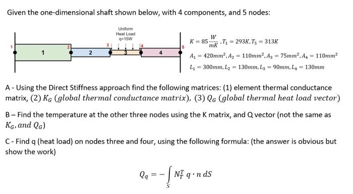 Given The One Dimensional Shaft Shown Below With 4 Components And 5 Nodes Uniform Heat Load Q 15w 1 W K 85 T1 29 1