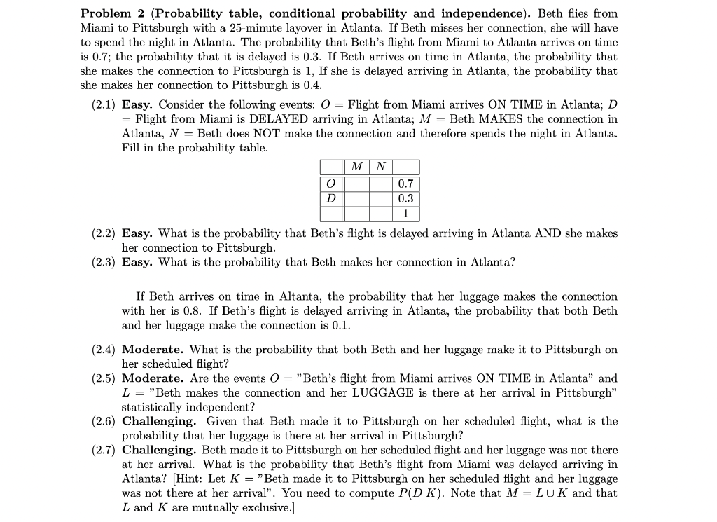 Problem 2 Probability Table Conditional Probability And Independence Beth Flies From Miami To Pittsburgh With A 25 M 1
