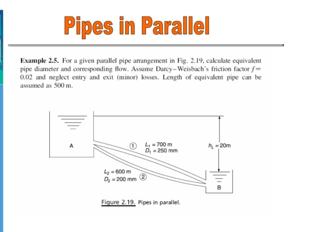 Pipes In Parallel Example 2 5 For A Given Parallel Pipe Arrangement In Fig 2 19 Calculate Equivalent Pipe Diameter An 1