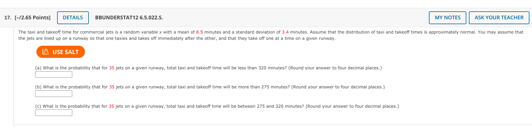 17 2 65 Points Details Bbunderstat12 6 5 022 S My Notes Ask Your Teacher The Taxi And Takeoff Time For Commercial 1