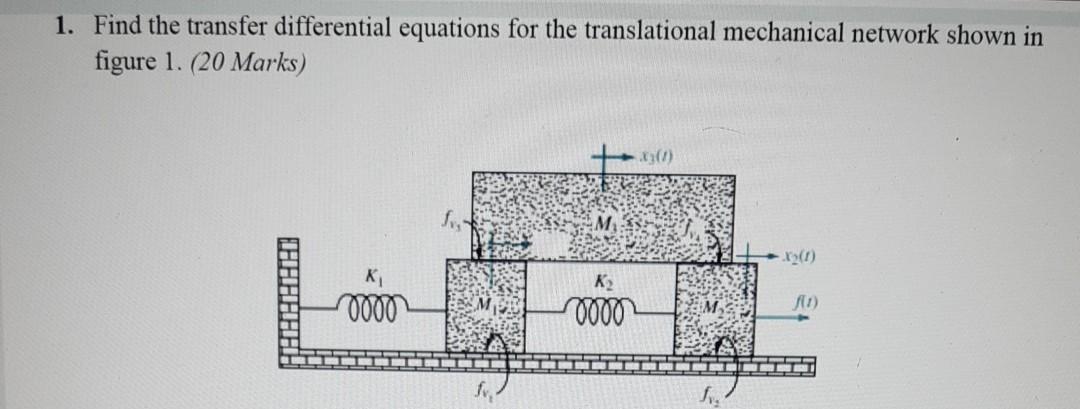 1 Find The Transfer Differential Equations For The Translational Mechanical Network Shown In Figure 1 20 Marks 1 F 1