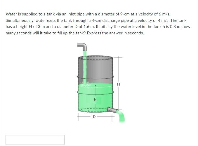 Water Is Supplied To A Tank Via An Inlet Pipe With A Diameter Of 9 Cm At A Velocity Of 6 M S Simultaneously Water Exit 1