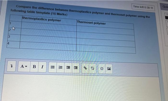 Time Len 0 50 11 Qula Compare The Difference Between Thermoplastics Polymer And Thermoset Polymer Using The Following Ta 1