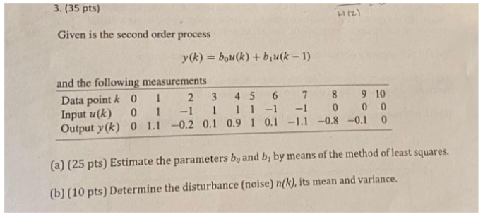 3 35 Pts H 2 Given Is The Second Order Process Y K Bou K Bu K 1 And The Following Measurements Data Point K 0 1