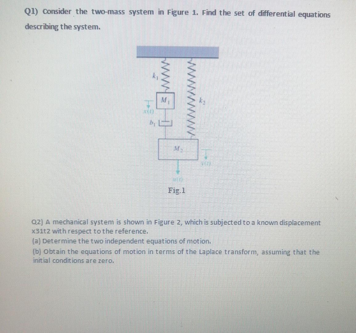Qi Consider The Two Mass System In Figure 1 Find The Set Of Differential Equations Describing The System W 1 Fig 1 0 1