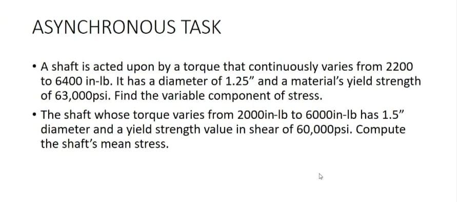 Asynchronous Task A Shaft Is Acted Upon By A Torque That Continuously Varies From 2200 To 6400 In Lb It Has A Diamete 1
