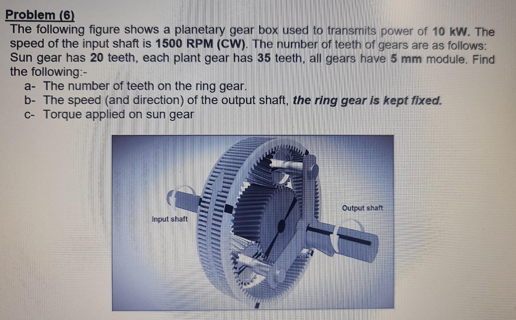 Problem 6 The Following Figure Shows A Planetary Gear Box Used To Transmits Power Of 10 Kw The Speed Of The Input Sha 1