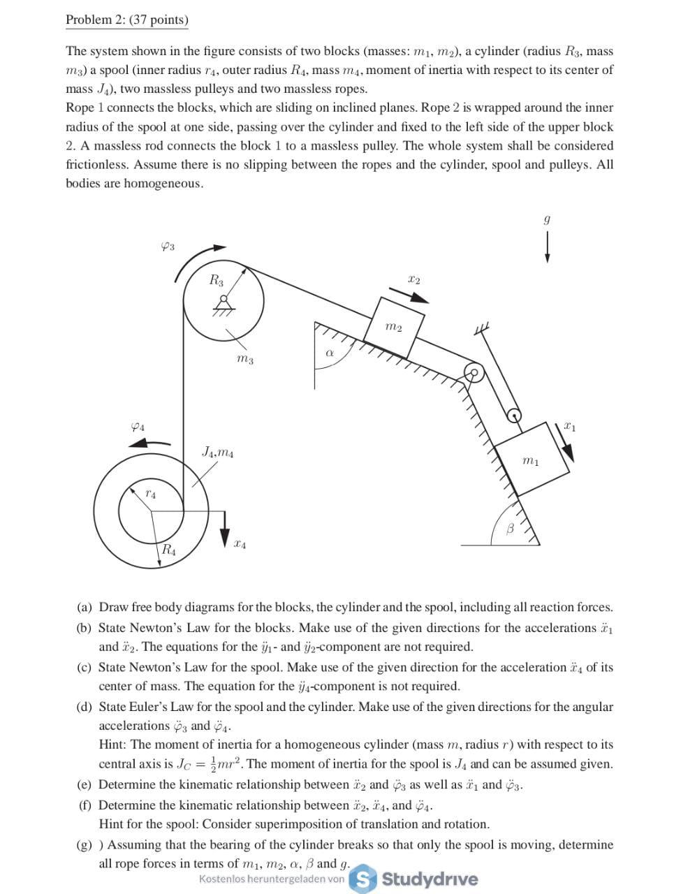 Problem 2 37 Points The System Shown In The Figure Consists Of Two Blocks Masses M1 M2 A Cylinder Radius R3 Ma 1