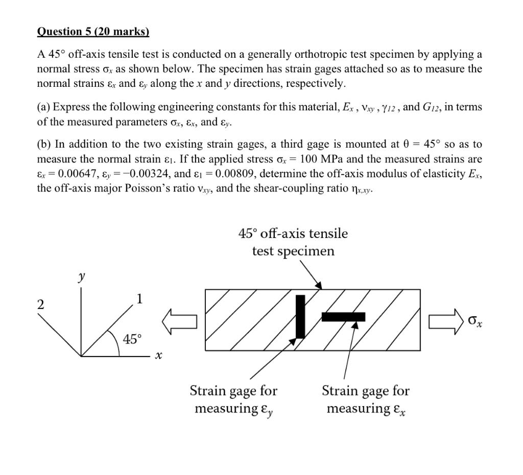 Question 5 20 Marks A 45 Off Axis Tensile Test Is Conducted On A Generally Orthotropic Test Specimen By Applying A No 1