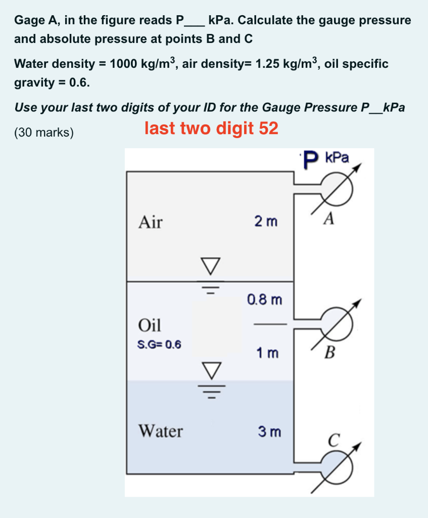 Gage A In The Figure Reads P Kpa Calculate The Gauge Pressure And Absolute Pressure At Points B And C Water Density 1