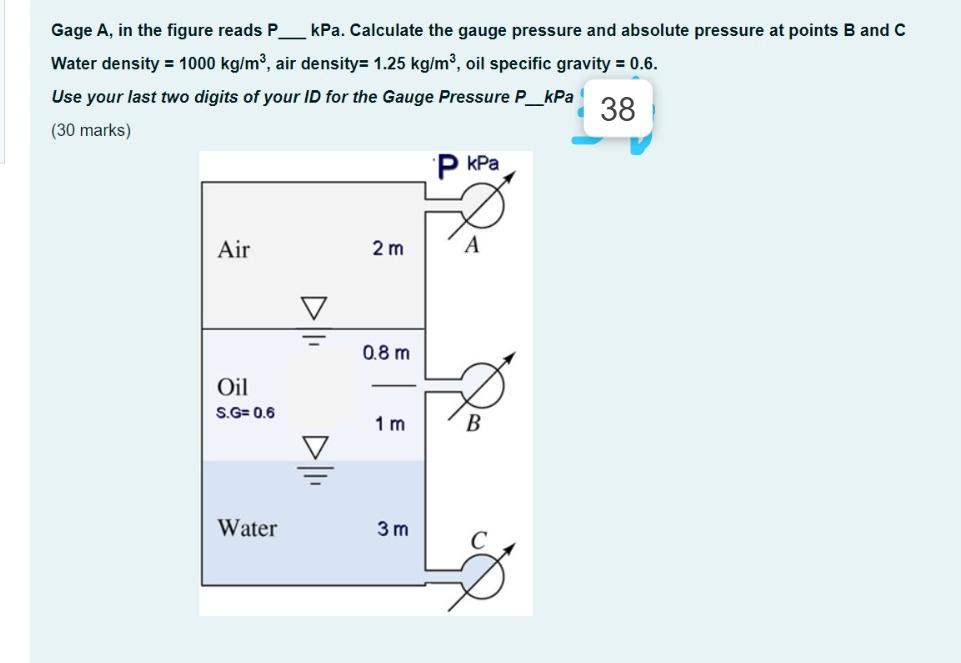 Gage A In The Figure Reads P Kpa Calculate The Gauge Pressure And Absolute Pressure At Points B And C Water Density 1