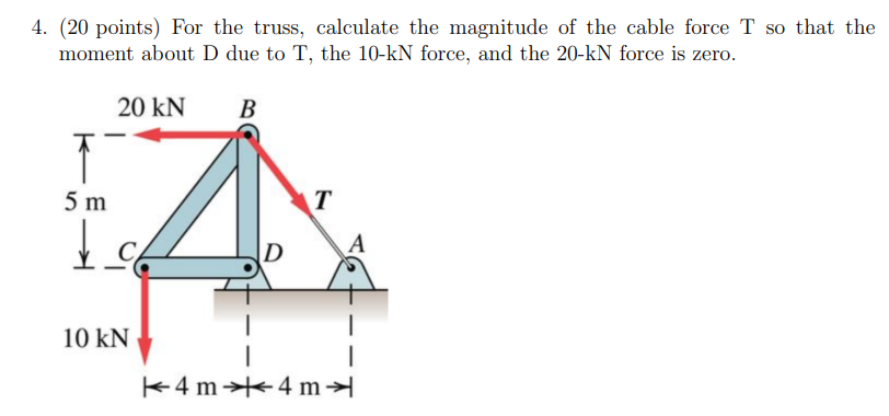 4 20 Points For The Truss Calculate The Magnitude Of The Cable Force T So That The Moment About D Due To T The 10 K 1