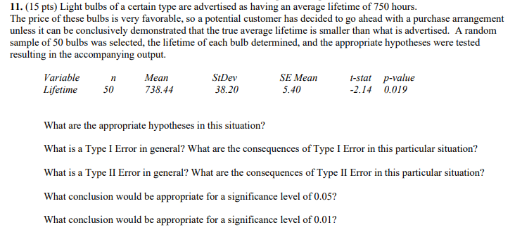 11 15 Pts Light Bulbs Of A Certain Type Are Advertised As Having An Average Lifetime Of 750 Hours The Price Of These 1