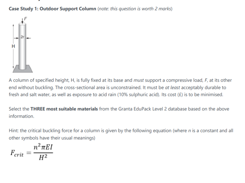 Case Study 1 Outdoor Support Column Note This Question Is Worth 2 Marks 2r H A Column Of Specified Height H Is Ful 1