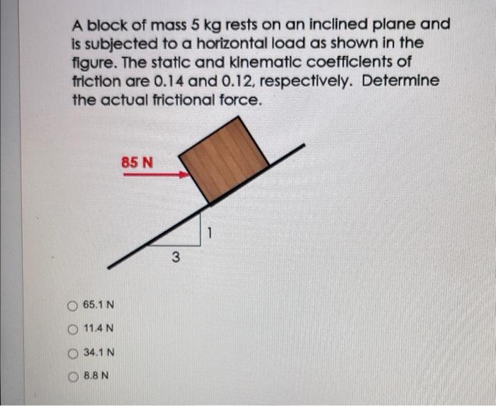 A Block Of Mass 5 Kg Rests On An Inclined Plane And Is Subjected To A Horizontal Load As Shown In The Figure The Static 1