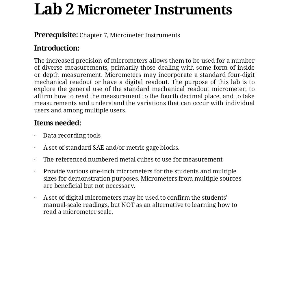 Lab 2 Micrometer Instruments Prerequisite Chapter 7 Micrometer Instruments Introduction The Increased Precision Of Mi 1