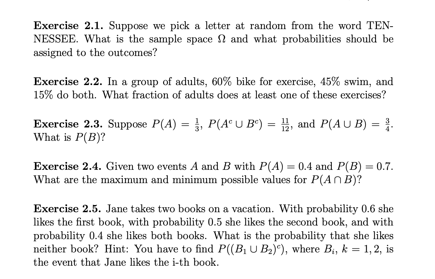 Exercise 2 1 Suppose We Pick A Letter At Random From The Word Ten Nessee What Is The Sample Space 12 And What Probabi 1