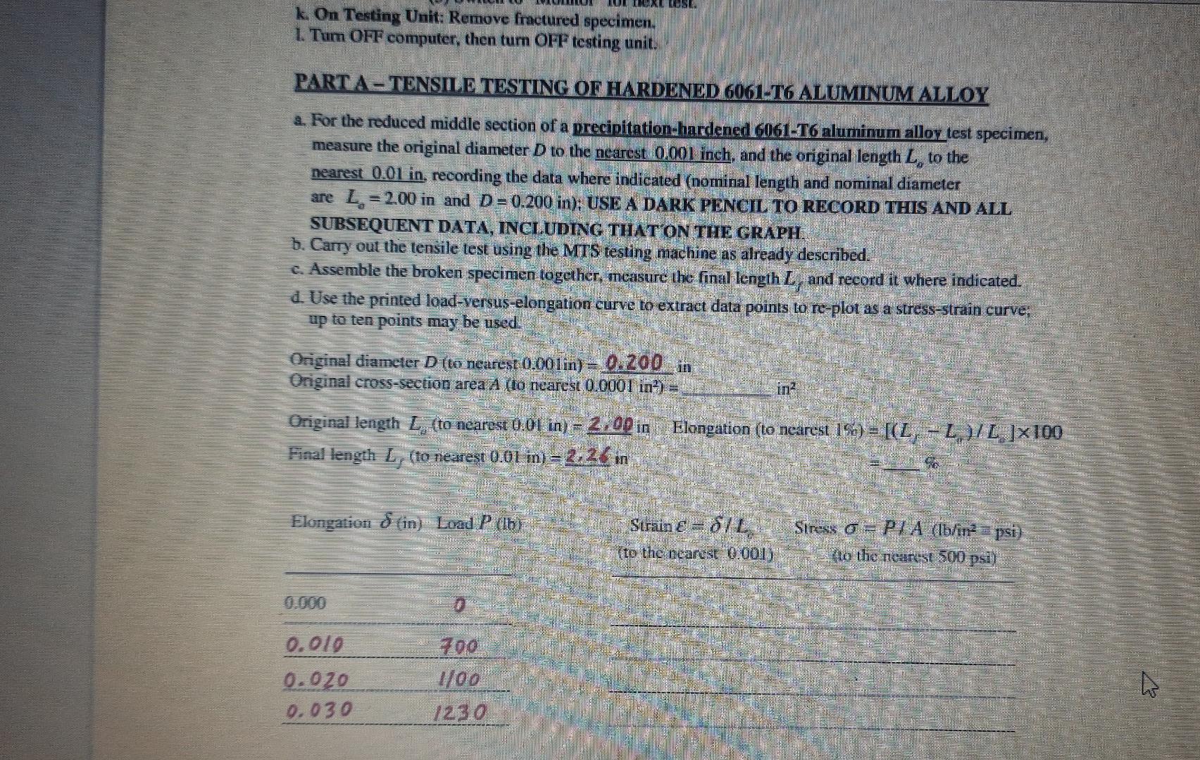 Lose K On Testing Unit Remove Fractured Specimen 1 Tum Off Computer Then Turn Off Testing Unit Part A Tensile Test 1