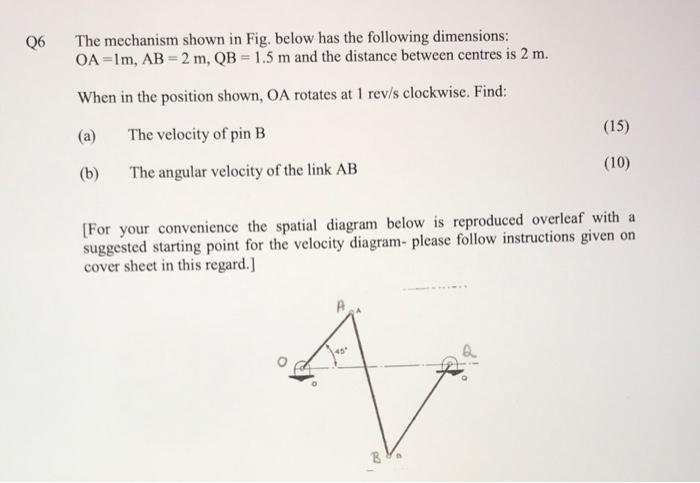 Q6 The Mechanism Shown In Fig Below Has The Following Dimensions Oa 1m Ab 2 M Qb 1 5 M And The Distance Between 1