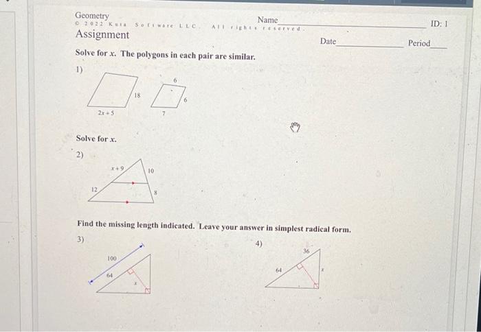 State Llc All Theseye Id 1 Geometry Name 102k Assignment Solve For X The Polygons In Each Pair Are Similar 1 Date Pe 1