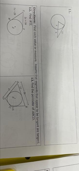 Directions Find The Value Of X Assume That Segments That Appear To Be Tangent Are Tangent 5 6 Le Cdp 19 12 Find 2