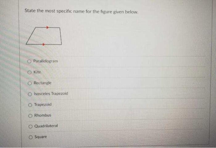 State The Most Specific Name For The Figure Given Below Parallelogram Kite O Rectangle Isosceles Trapezoid Trapezoid Rh 1