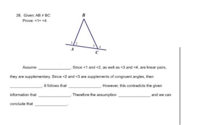 B 28 Given Ab Bc Prove 1 4 Assume Since 1 And 2 As Well As 3 And 4 Are Linear Pairs They Are Supplementary 1