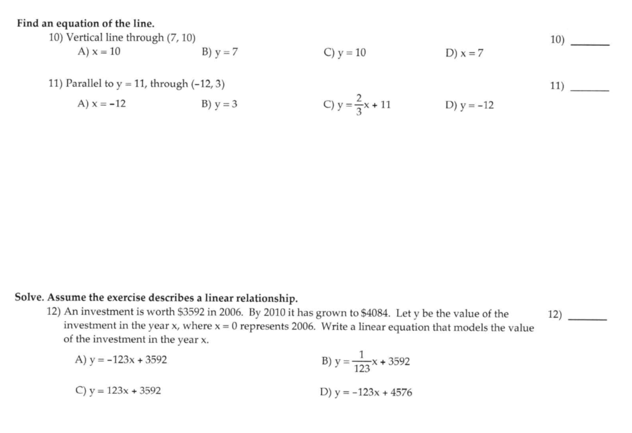 Find An Equation Of The Line 10 Vertical Line Through 7 10 A X 10 10 B Y 7 C Y 10 D X 7 11 11 Paralle 1
