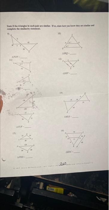 State Of The Triangles In Each Pair Are Similar State Bowy Www They Are Similar And Complete The Similarity Statement 10 1