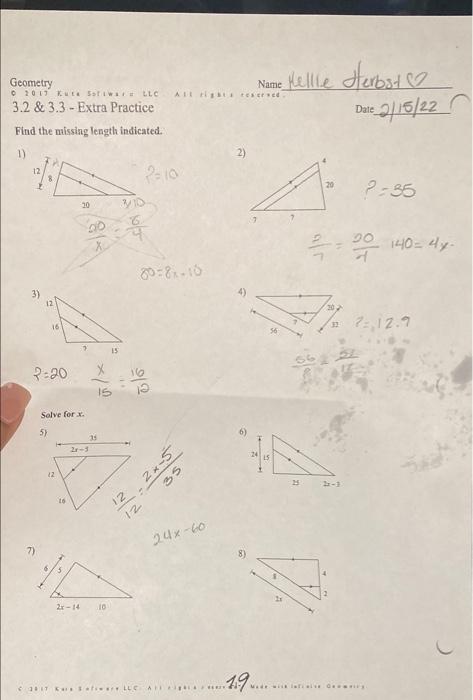 Herbst Geometry O 2011 Xul Se Llc 3 2 3 3 Extra Practice Find The Missing Length Indicated Name Kellie Oferbar E Da 1