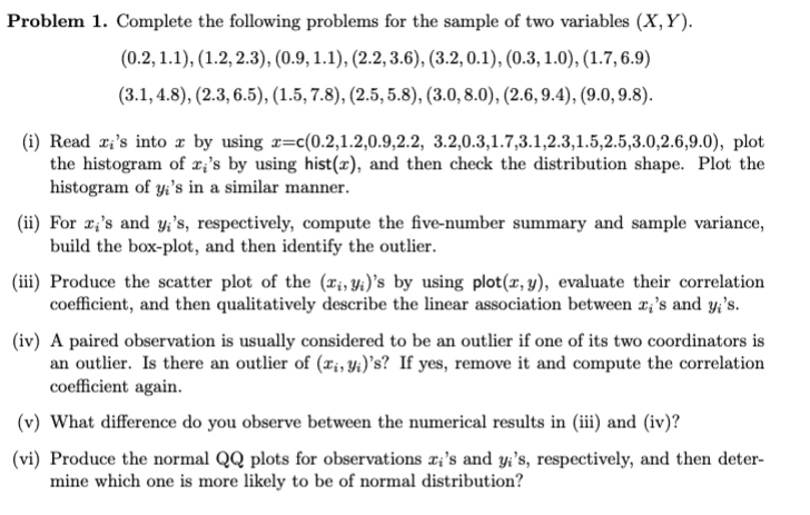Problem 1 Complete The Following Problems For The Sample Of Two Variables X Y 0 2 1 1 1 2 2 3 0 9 1 1 2 1