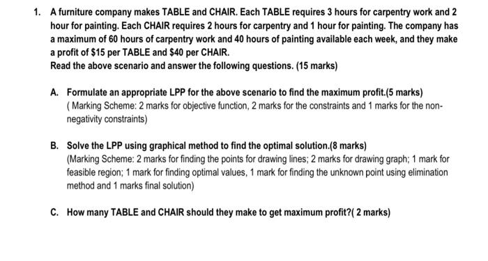 1 A Furniture Company Makes Table And Chair Each Table Requires 3 Hours For Carpentry Work And 2 Hour For Painting Ea 1