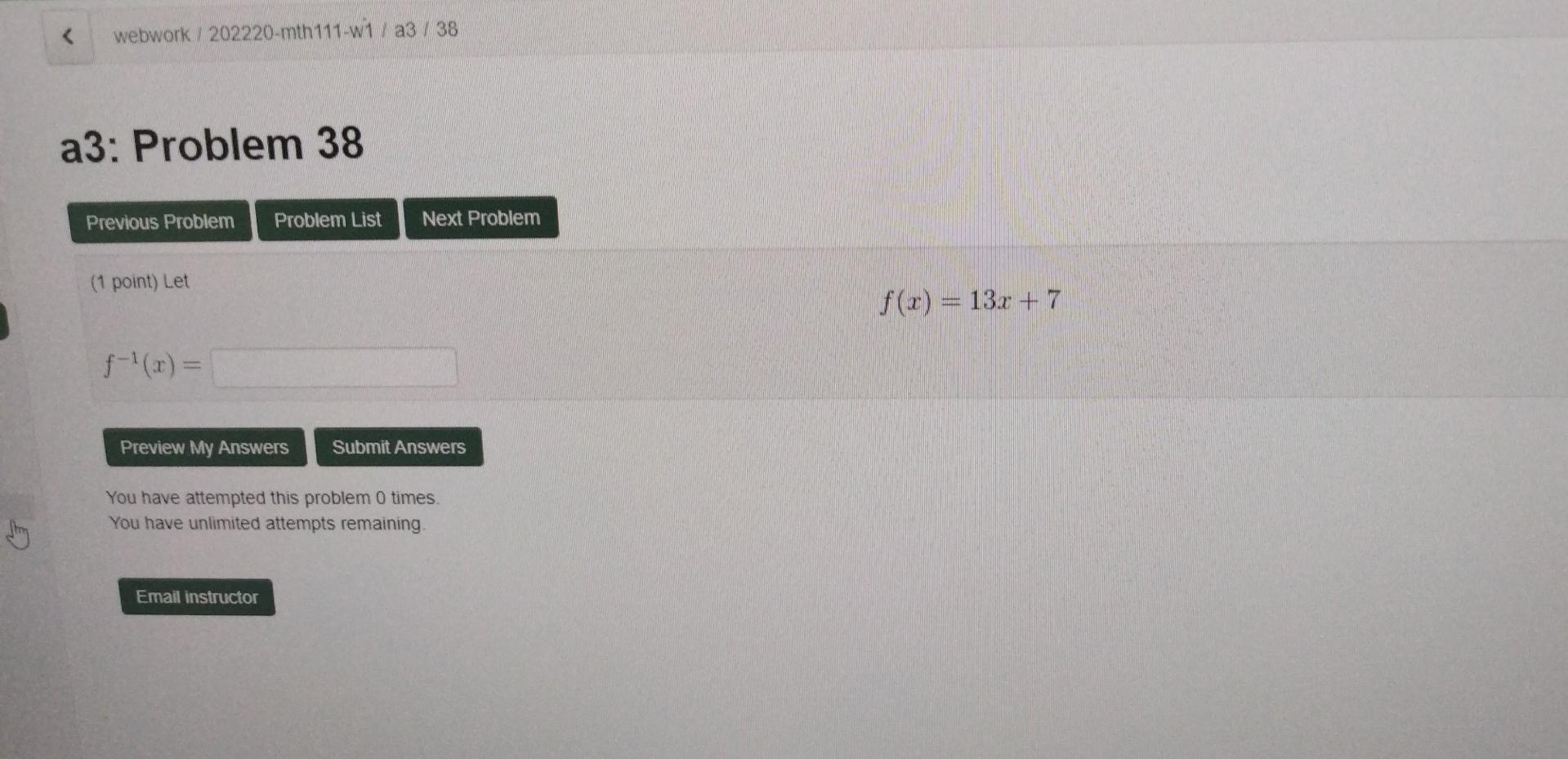 Webwork 202220 Mth 111 W1 A3 38 A3 Problem 38 Previous Problem Problem List Next Problem 1 Point Let F X 13r 1