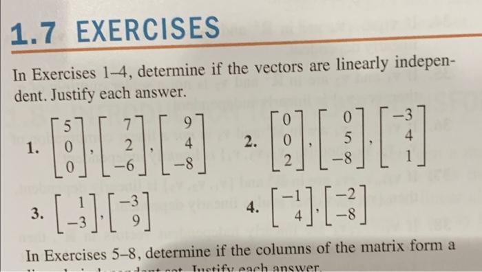 1 7 Exercises In Exercises 1 4 Determine If The Vectors Are Linearly Indepen Dent Justify Each Answer 5 0 0 5 1 1