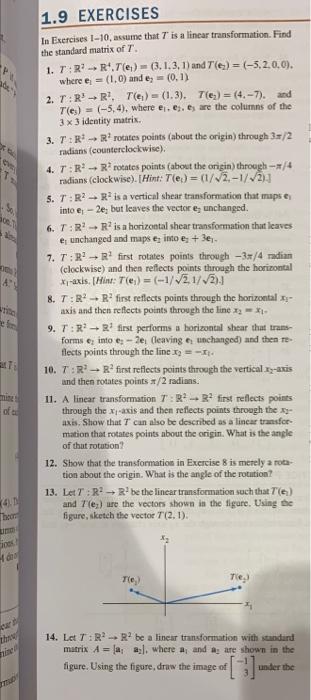 1 9 Exercises In Exercises 1 10 Assume That Is A Lincar Transformation Find The Standard Matrix Of T 1 Terr 7 E 1