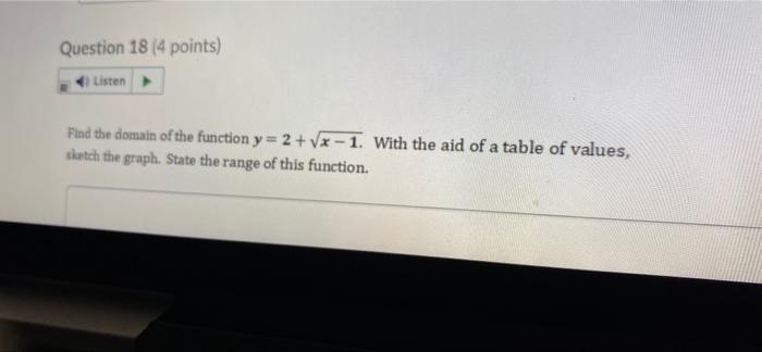 Question 18 4 Points Listen Find The Domain Of The Function Y 2 Vx 1 With The Aid Of A Table Of Values Sketch Th 1
