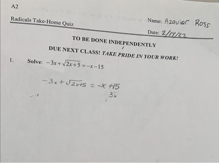 A2 Charm Name Azavier Ross Radicals Take Home Quiz Date 2 19 22 To Be Done Independently Due Next Class Take Pride In 1