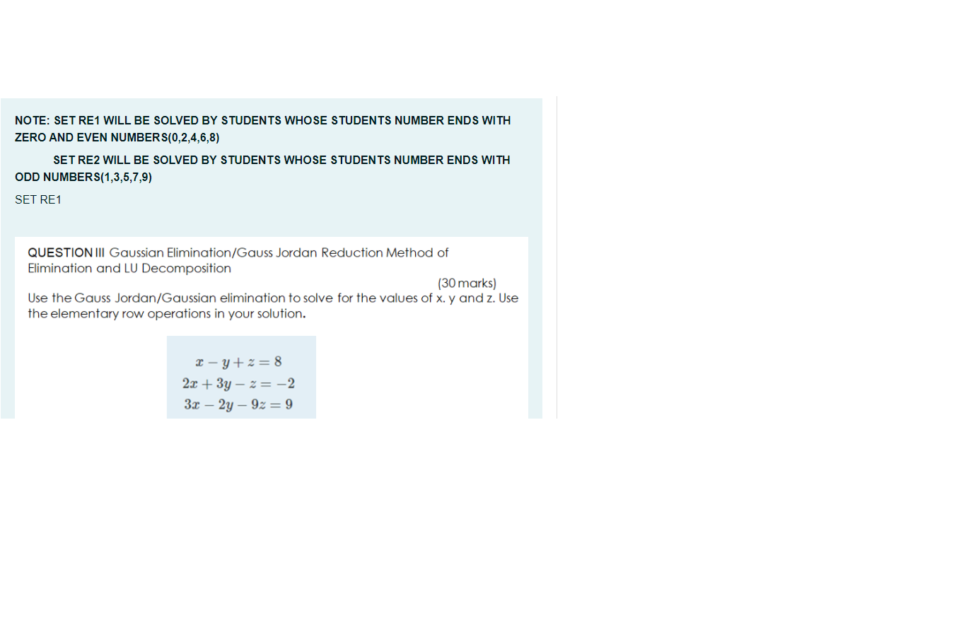 Note Set Re1 Will Be Solved By Students Whose Students Number Ends With Zero And Even Number S 0 2 4 6 8 Set Re2 Will 1