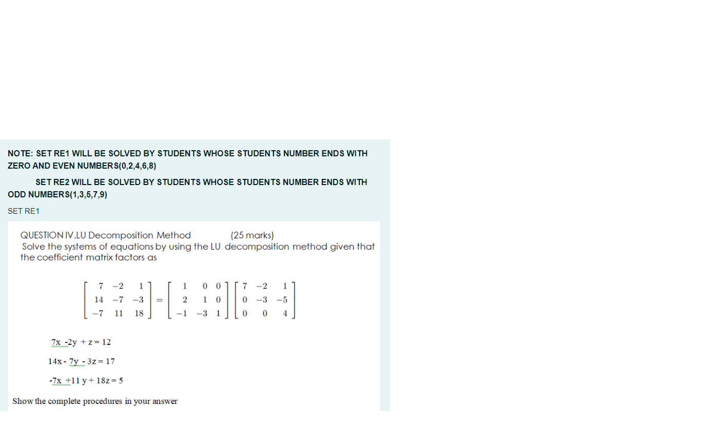 Note Set Re1 Will Be Solved By Students Whose Students Number Ends With Zero And Even Numbers 0 2 4 6 8 Set Re2 Will B 1