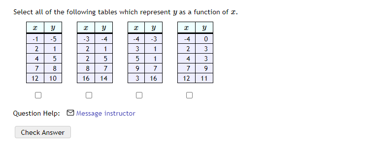 2 4 Select All Of The Following Tables Which Represent Y As A Function Of X 2 Y Y Y Xy 1 5 3 4 4 3 4 2 1 2 1 3 1