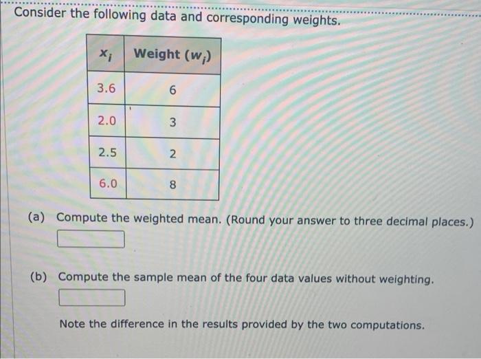 Consider The Following Data And Corresponding Weights X Weight W 3 6 6 2 0 3 2 5 N 6 0 8 A Compute The Weighted Me 1