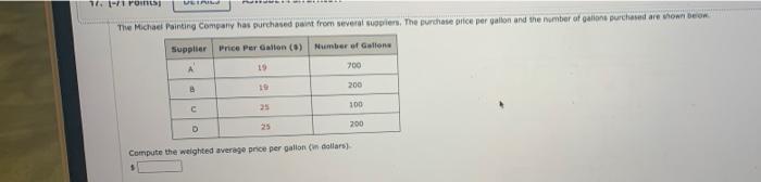 16 Proti The Michael Painting Company Has Purchased Paint From Several Suppliers The Purchase Price Per Gallon And The 1