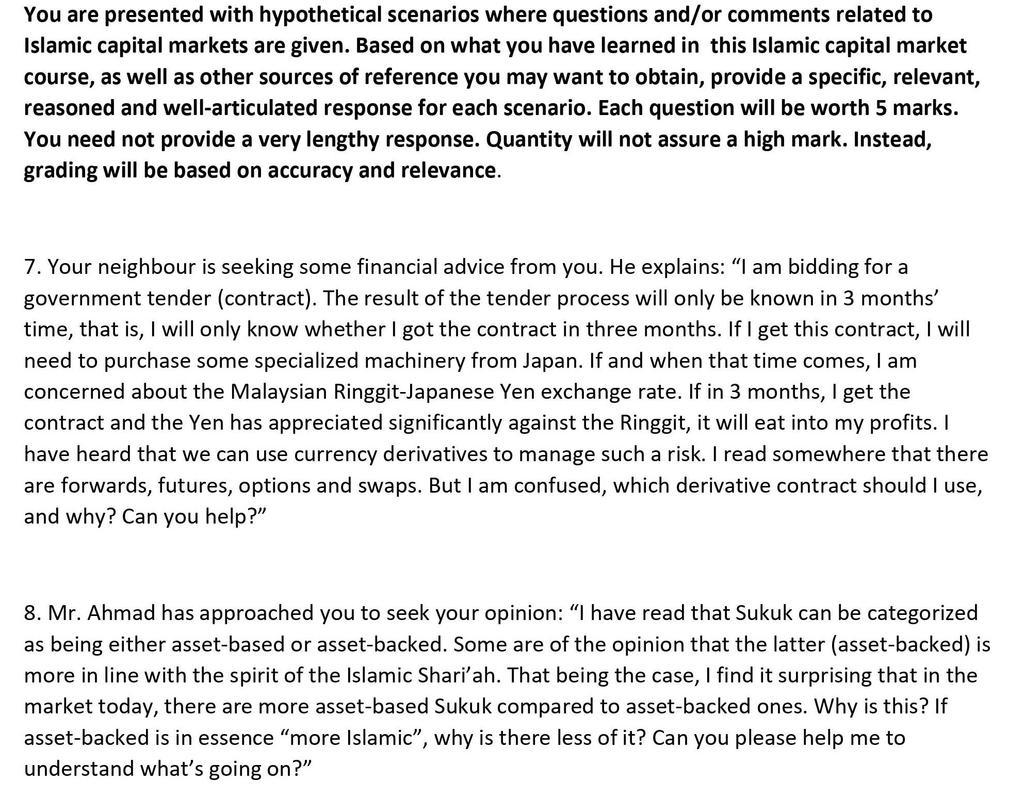 You Are Presented With Hypothetical Scenarios Where Questions And Or Comments Related To Islamic Capital Markets Are Giv 1
